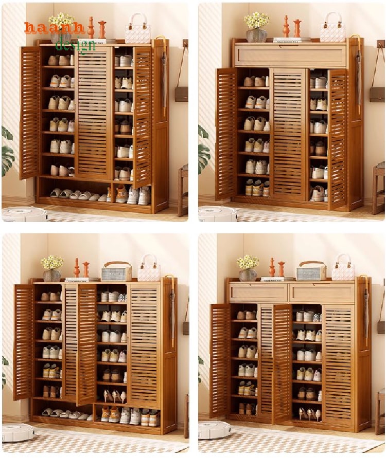 Mẫu tủ giày gỗ tự nhiên kết hợp ghế tiện dụng