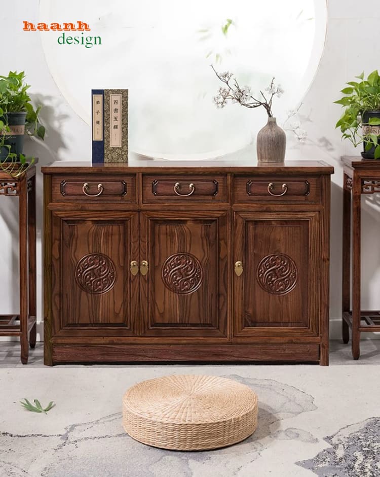 Tủ giày dép gỗ tự nhiên giả cổ chạm họa tiết - TGG 006