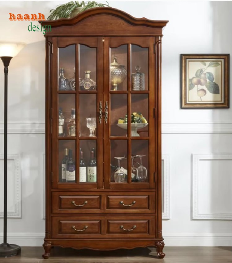 Chi tiết đèn LED và kính trong thiết kế tủ gỗ phòng khách hiện đại