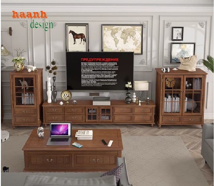 tủ phòng khách gỗ hiện đại với thiết kế ba khối tách biệt