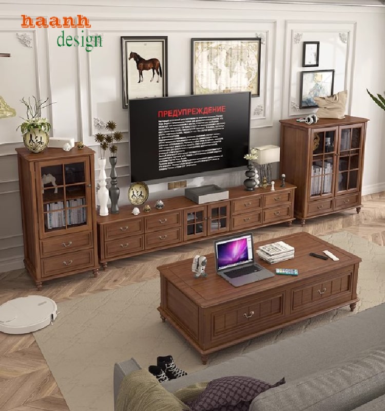 tủ phòng khách gỗ hiện đại phối hợp nội thất tối giản