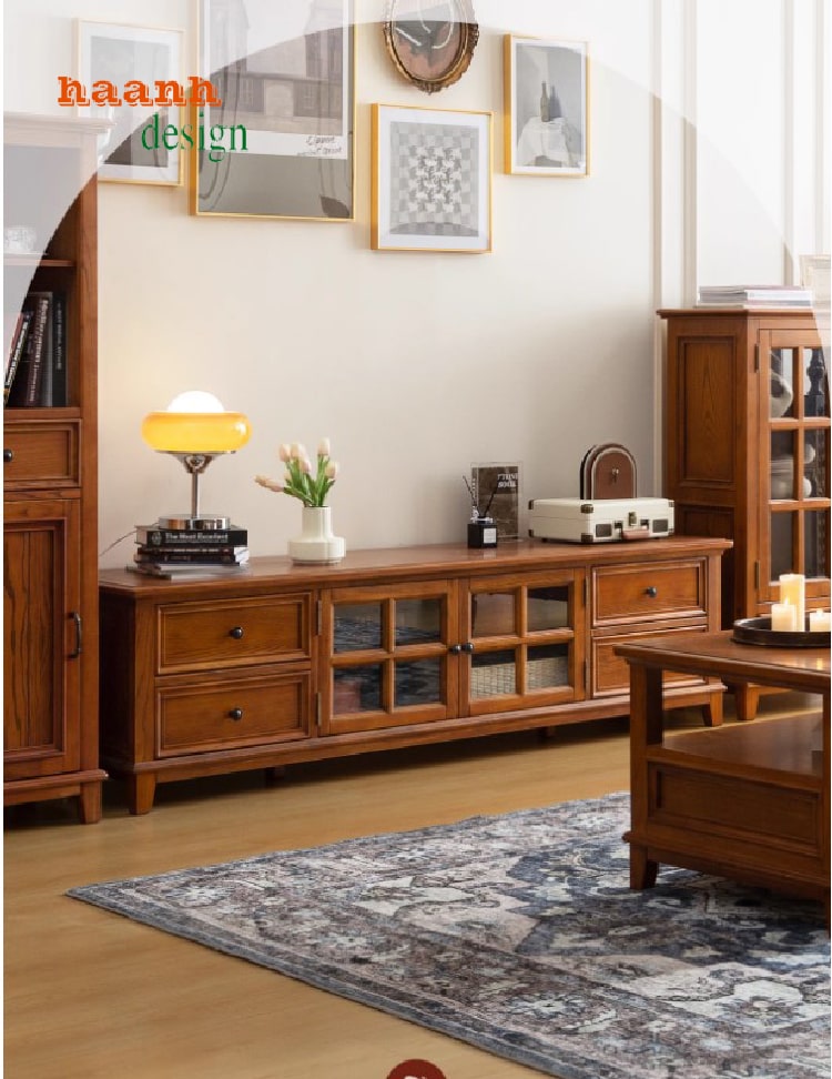 Tủ trang trí phòng khách bằng gỗ sồi tự nhiên thiết kế hiện đại, sang trọng
