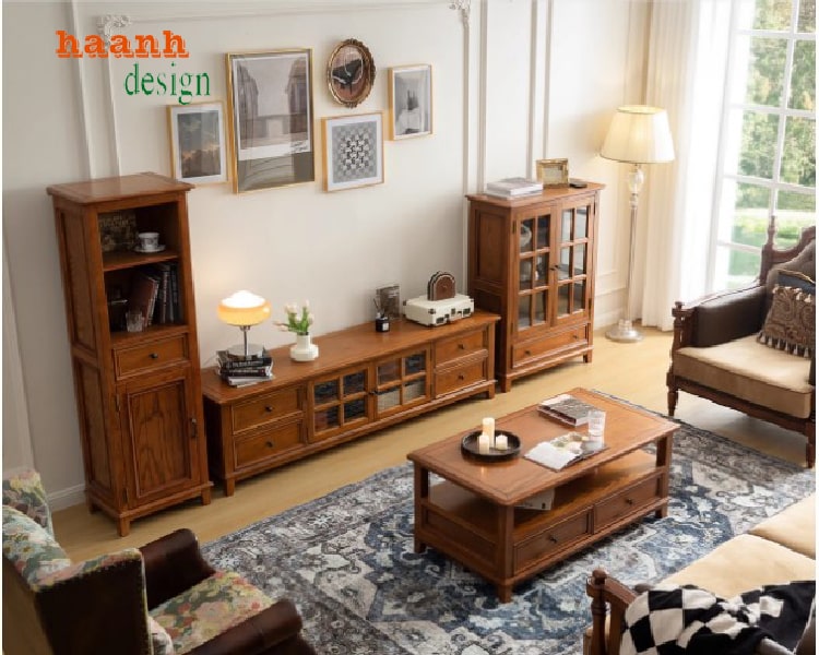 Tủ trang trí phòng khách gỗ sồi với công năng lưu trữ tiện ích