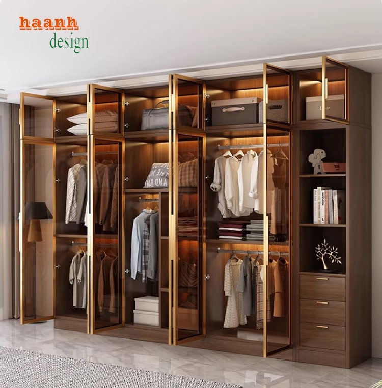 Tủ quần áo gỗ cánh kính với chất liệu gỗ óc chó tự nhiên cao cấp