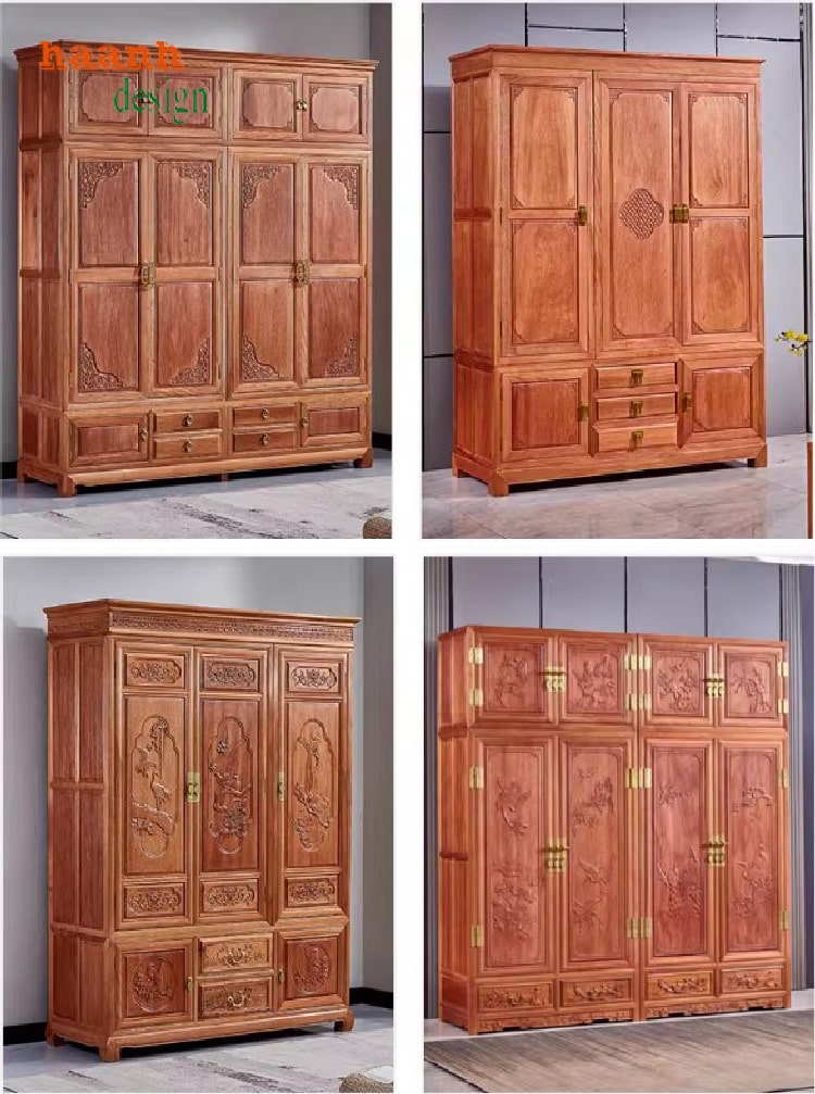 Tủ quần áo gỗ hương tự nhiên 4 cánh phong cách truyền thống