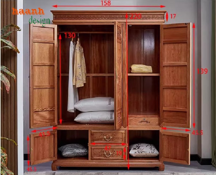 Cấu trúc bên trong tủ đựng quần áo gỗ hương tự nhiên