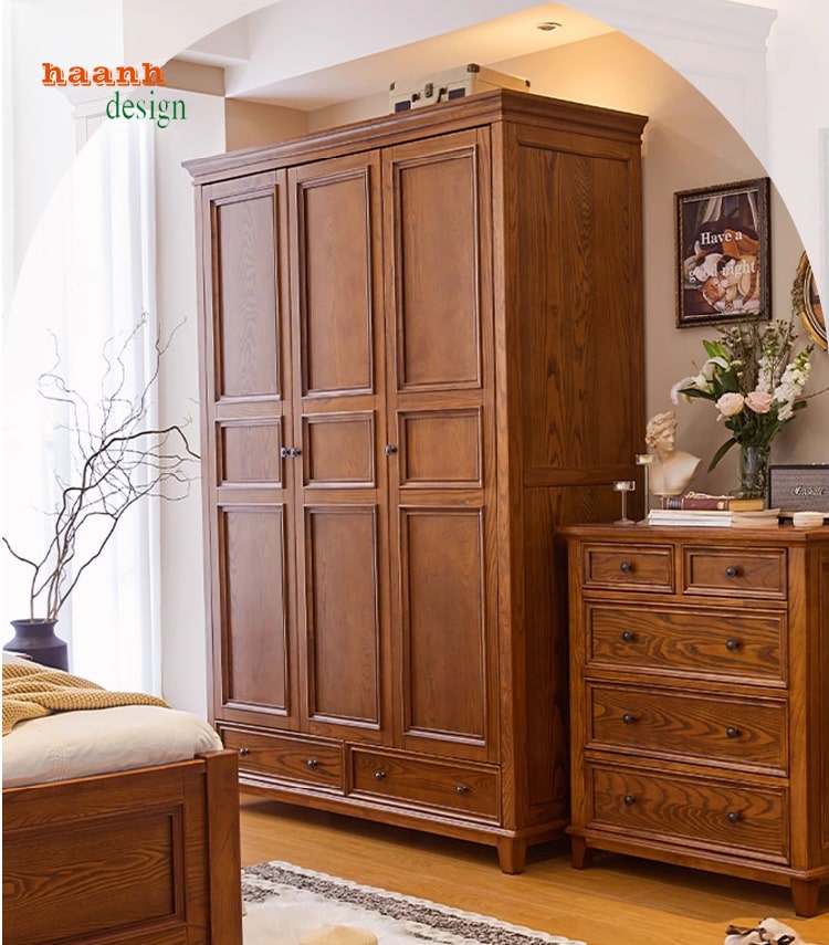 Tủ quần áo gỗ sồi tự nhiên cao cấp thiết kế 3 cánh hiện đại