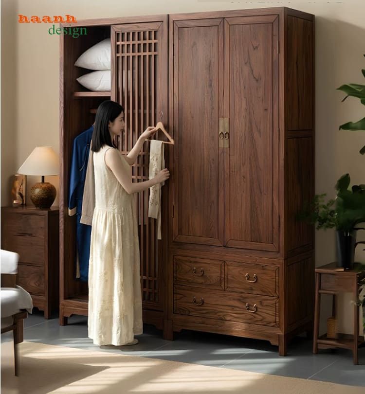 Tủ quần áo gỗ sồi phong cách Á Đông hiện đại