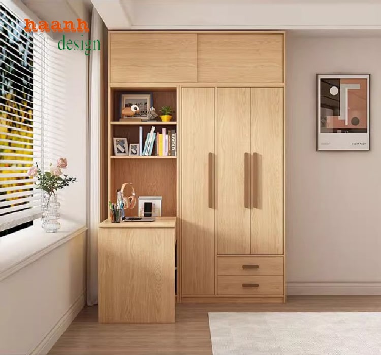 Bàn học tích hợp trong tủ quần áo trẻ em hiện đại bằng gỗ veneer sồi