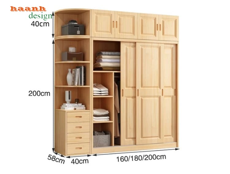 TQA 006 - thông số kích thước cấu hình lớn Kích thước tủ quần áo trẻ em gỗ tự nhiên phương án 160 180 200 cm