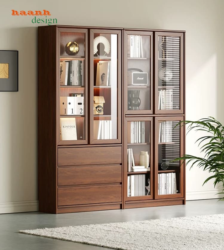 Tủ sách gỗ cao cấp gỗ óc chó cho phòng làm việc hiện đại