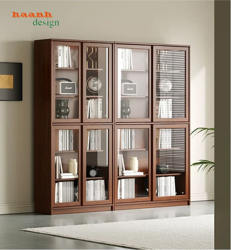 Tủ sách gỗ gỗ óc chó tự nhiên kết hợp plywood veneer