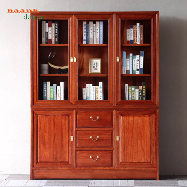 mẫu tủ sách đẹp gỗ gõ tự nhiên phong cách giả cổ