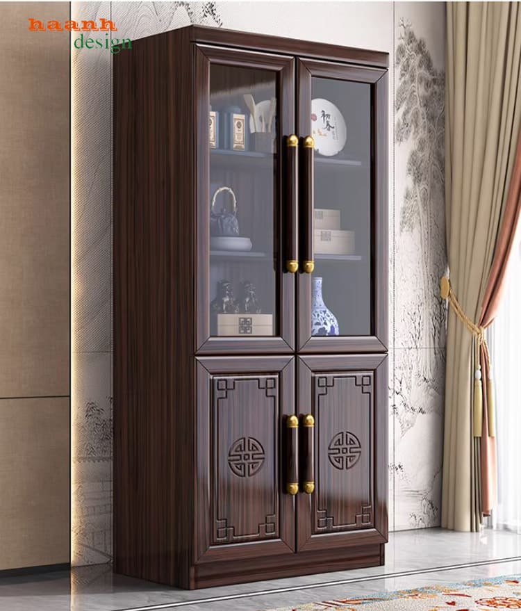 tủ đựng sách bằng gỗ cánh chạm tinh xảo
