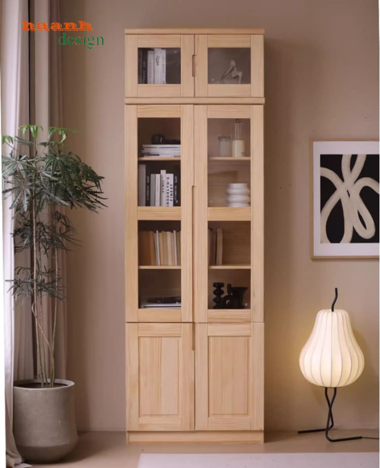 tủ sách có cửa kính gỗ sồi tự nhiên