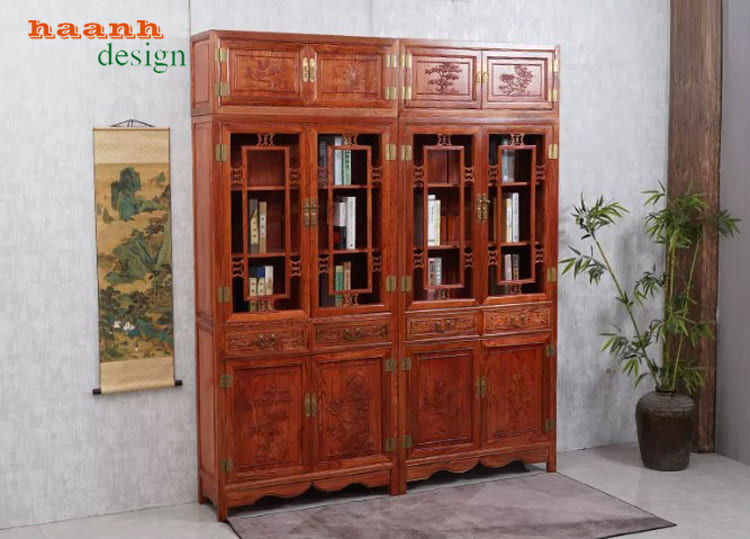 Góc chéo cấu hình hai thân Tủ sách gỗ giả cổ hai thân đặt trong phòng làm việc
