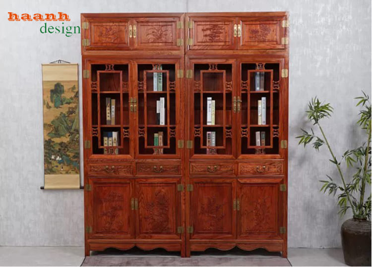 Chính diện cấu hình hai thân có tủ trên Tủ sách giả cổ hai thân nhìn chính diện có tủ trên