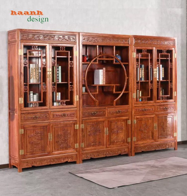 Góc trái cấu hình ba khối nâu đỏ Tủ sách giả cổ ba khối màu nâu đỏ góc trái