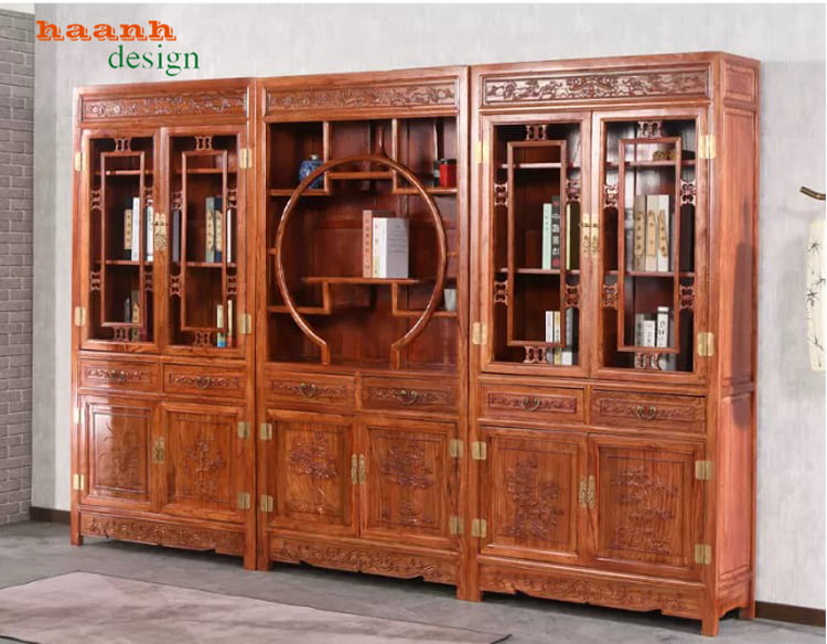 Góc phải cấu hình ba khối nâu đỏ Tủ sách giả cổ ba khối màu nâu đỏ góc phải