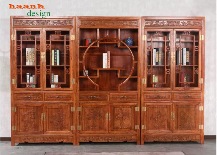 Mặt trước cấu hình ba khối nâu đỏ Tủ sách giả cổ ba khối màu nâu đỏ chính diện