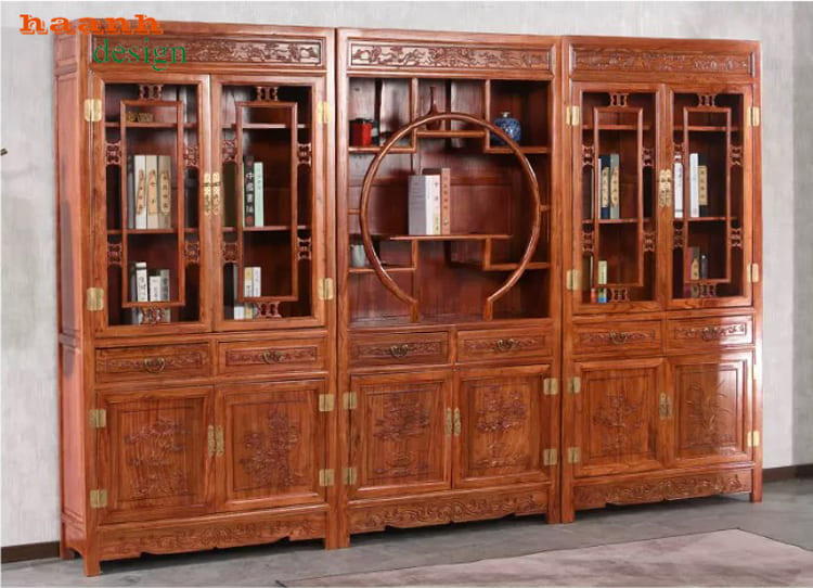 Góc chéo của cấu hình ba khối Tủ sách gỗ giả cổ ba khối nhìn chéo