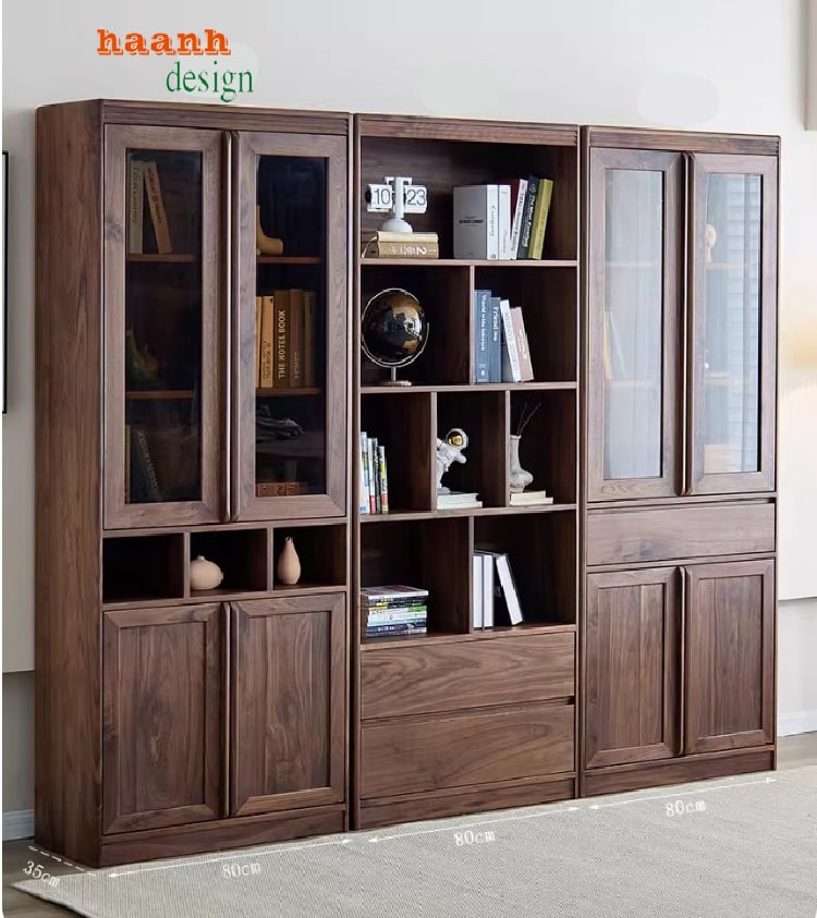 tủ sách gỗ óc chó tự nhiên sản xuất bằng công nghệ hiện đại