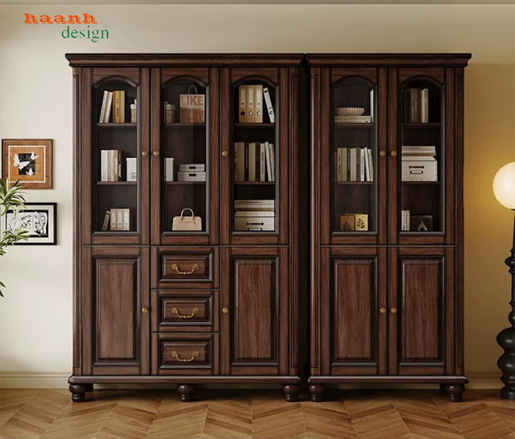 Tủ sách tân cổ điển cánh kính nhiều khoang - TST 010