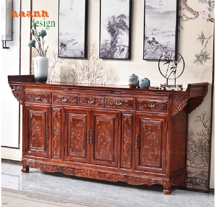 Tủ thờ gia tiên gỗ gõ tự nhiên chạm khắc hoa sen tinh xảo