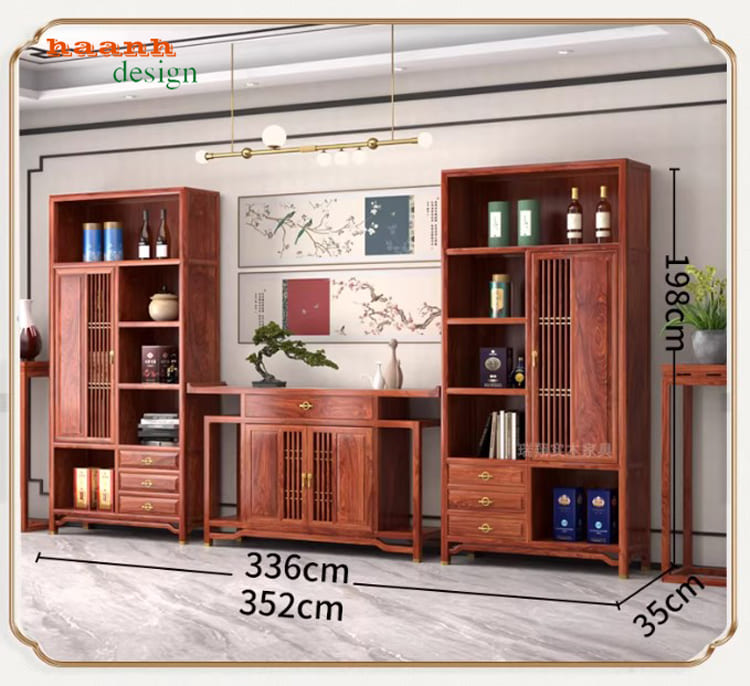kệ trang trí phòng khách gỗ hương phong cách truyền thống