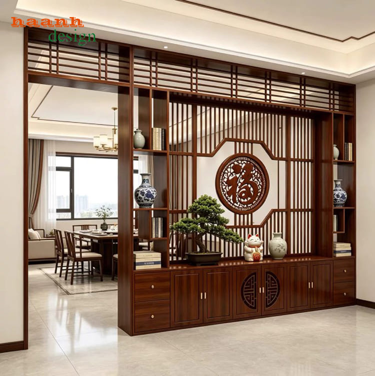 TGC 010 trong không gian phòng khách liên thông TGC 010 dạng vách trang trí nhìn từ phòng khách