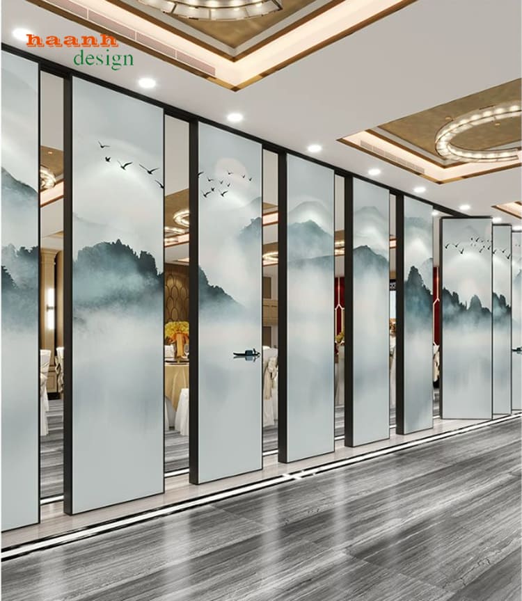 Vách ngăn di động VNV 005 - góc tổng thể Vách ngăn di động VNV 005 với các cánh trang trí phong cảnh
