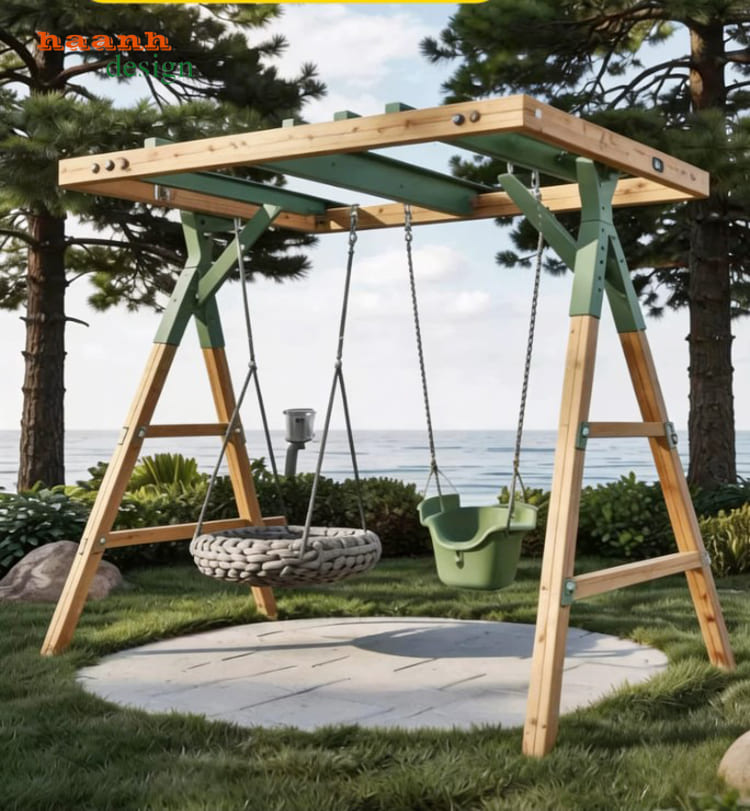 những mẫu xích đu sắt đẹp kết hợp gỗ Teak ngoài trời
