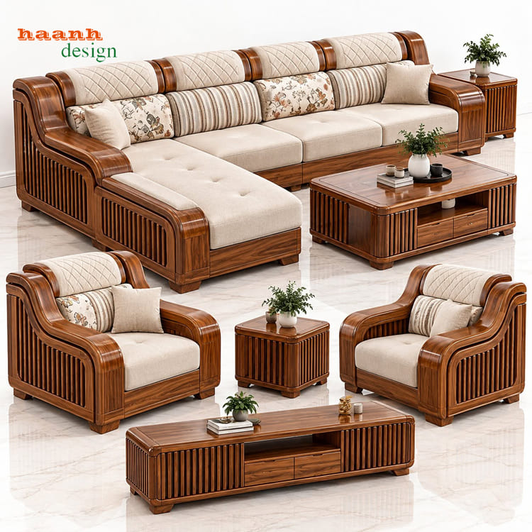 b&agrave;n ghế sofa gỗ tự nhi&ecirc;n với c&aacute;c kiểu ghế g&oacute;c, ghế đơn v&agrave; b&agrave;n tr&agrave; ph&ograve;ng kh&aacute;ch
