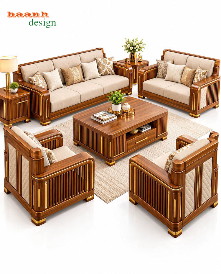 b&agrave;n ghế sofa gỗ tự nhi&ecirc;n dạng ghế rời c&oacute; nan dọc v&agrave; b&agrave;n tr&agrave; chữ nhật ở giữa