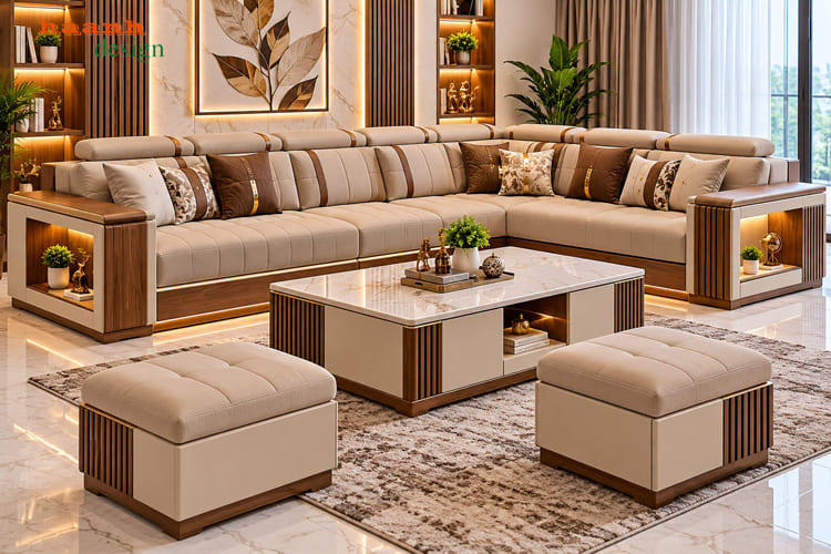 Sofa gỗ chữ L phối b&agrave;n tr&agrave; h&igrave;nh chữ nhật v&agrave; hai đ&ocirc;n vu&ocirc;ng